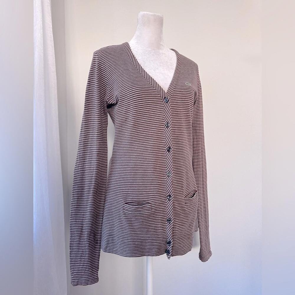 Vintage '00s Lacoste Brown & White Stripe Lightweight V-Neck Cardigan